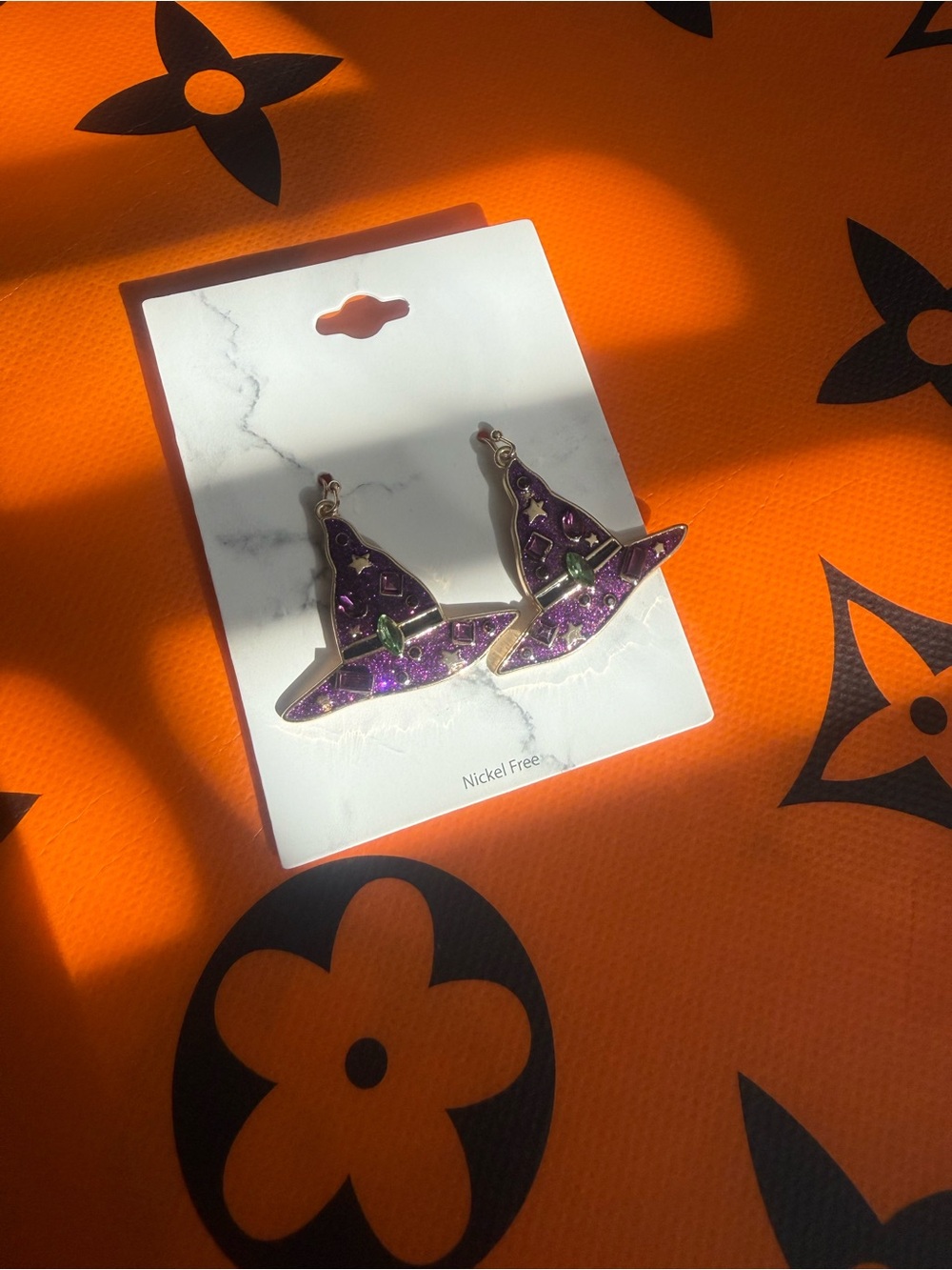Target Purple Glitter Witch Hat Drop Earrings with Green Accent